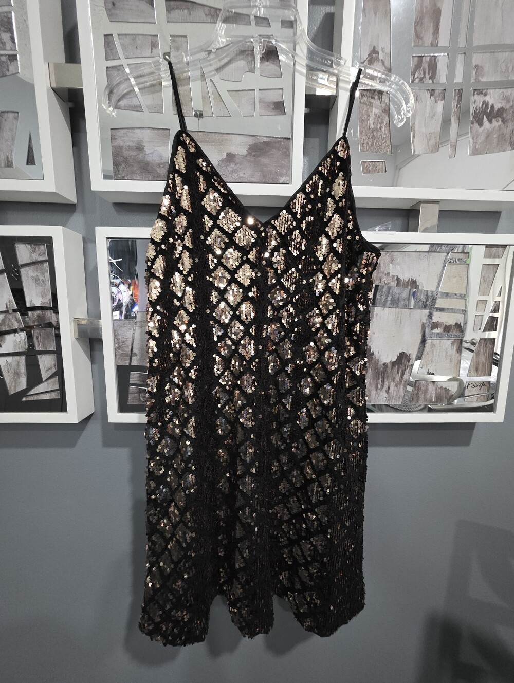 Black Sequin Slip Dress with Gold Accents